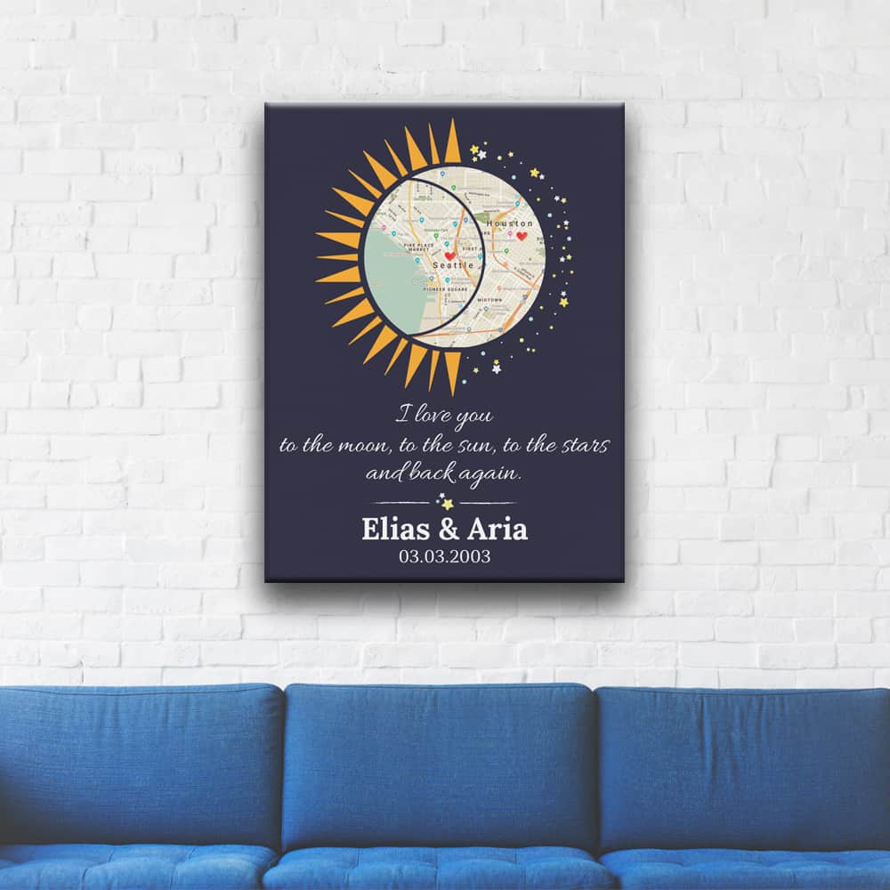 the sun and the moon canvas print with the quote I love you to the moon, to the sun, to the stars and back again