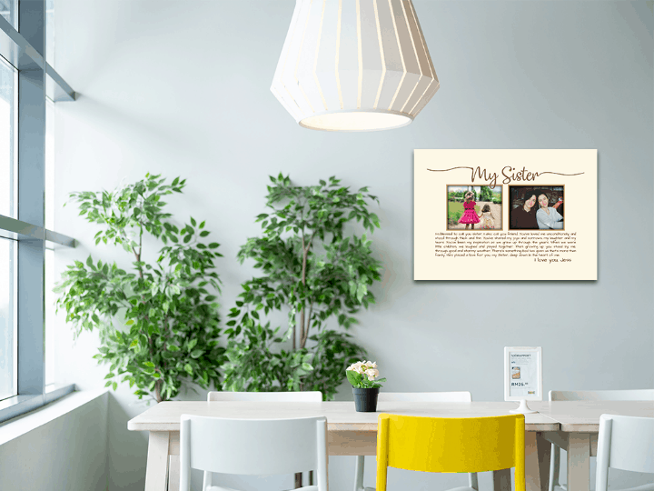 a 18-by-12-inch canvas print on a wall behind a table